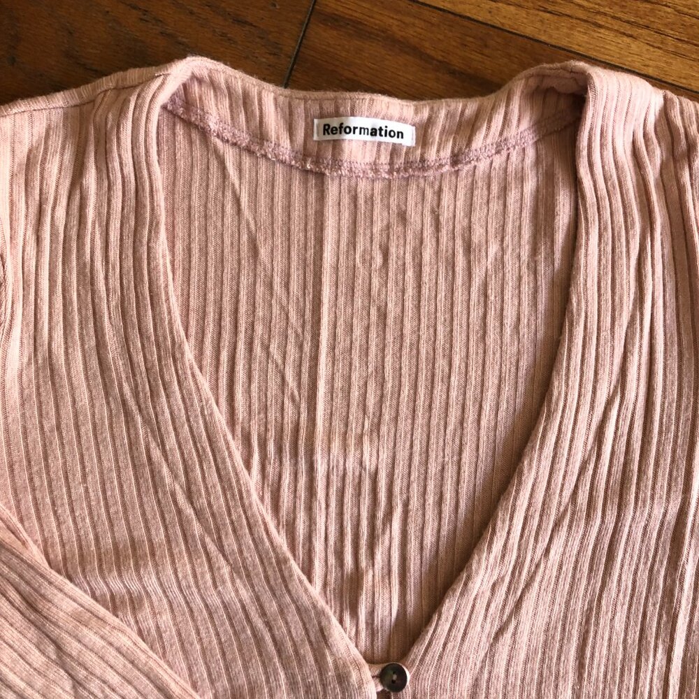 Reformation Blush Pink Ribbed Long Sleeve Buttoned Tee - Picture 2 of 4